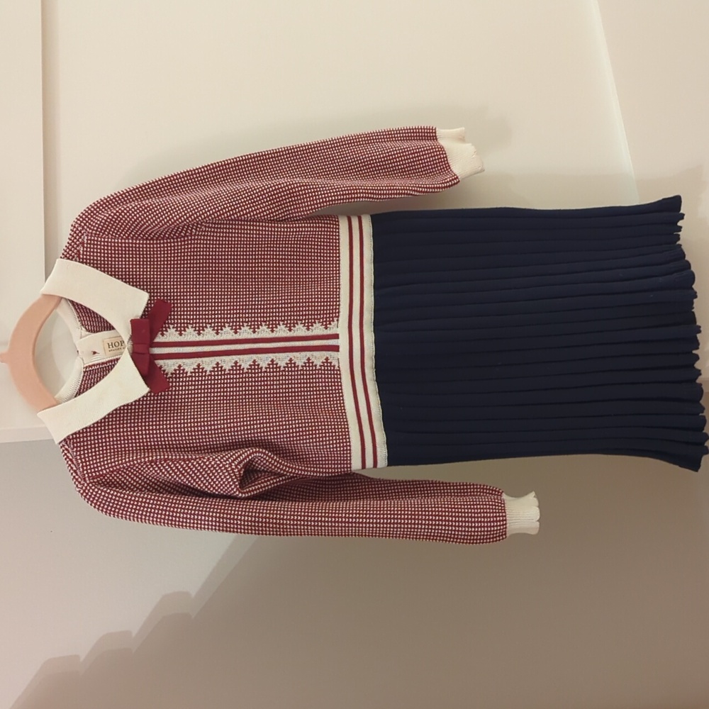 Hope & Henry Girls Dress Red and Navy Long Sleeve Dress with Bow 3T